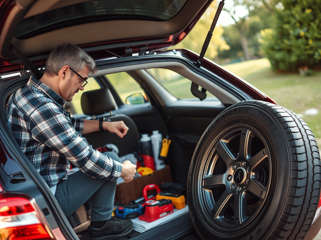 Hình ảnh chủ xe kiểm tra hộp dụng cụ cứu hộ trong cốp ô tô, bao gồm lốp dự phòng và các vật dụng khẩn cấp, ánh sáng tự nhiên, phong cách chụp thực tế