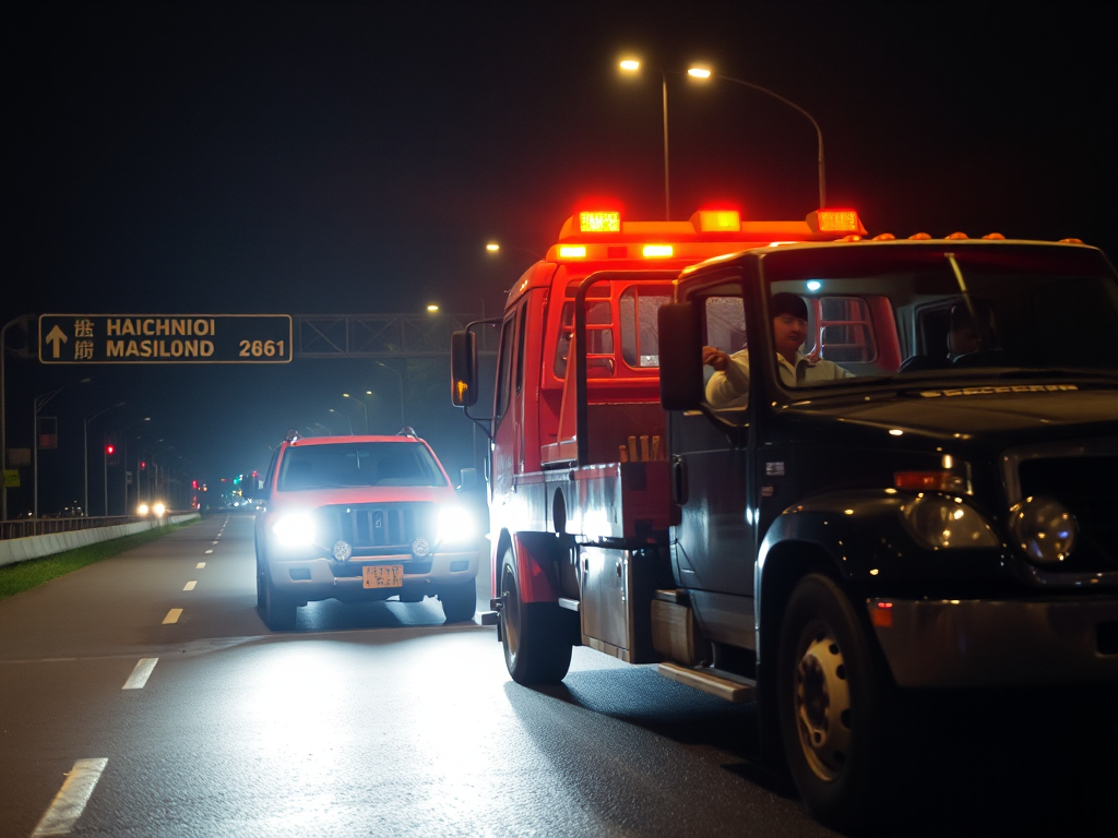 Hình ảnh dịch vụ cứu hộ ô tô 24/7 tại Hà Nội với xe cứu hộ đang hỗ trợ khách hàng trên đường cao tốc, đèn cảnh báo sáng, thể hiện sự chuyên nghiệp và nhanh chóng