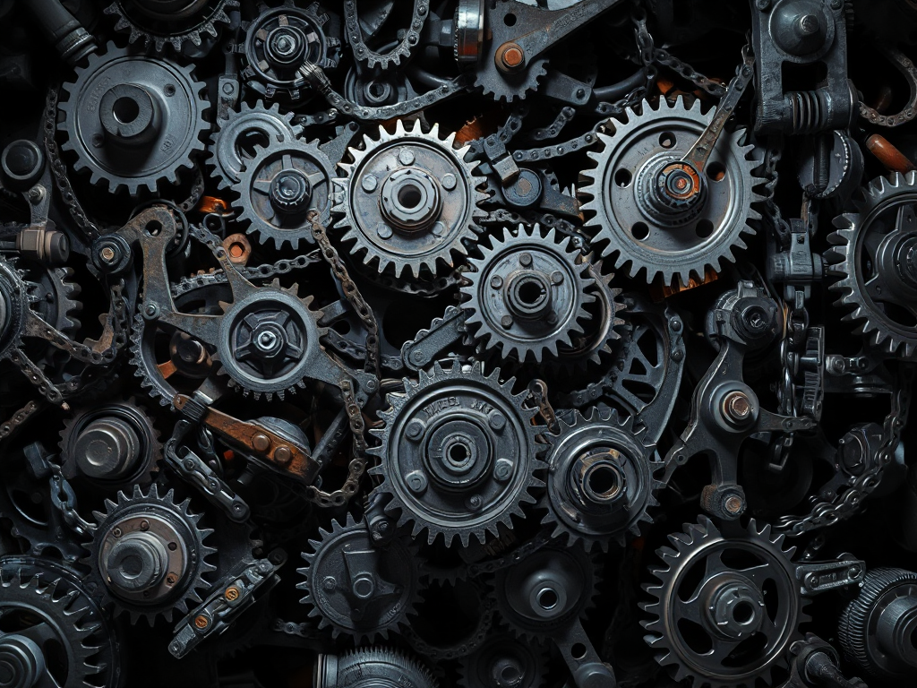 Hình ảnh minh họa các thách thức trong ngành phụ tùng ô tô, với các bánh răng và dây xích phức tạp, một số bị hỏng.