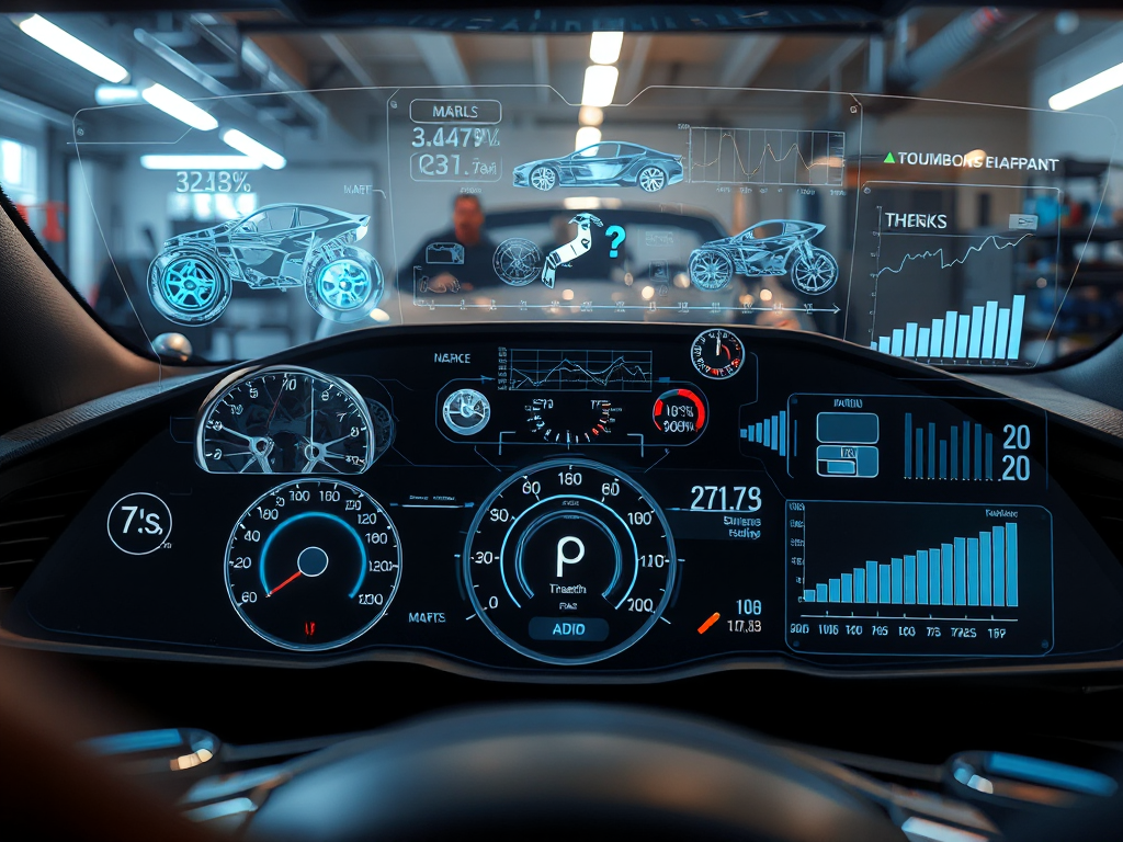 Hình ảnh minh họa các xu hướng thị trường phụ tùng ô tô với bảng điều khiển xe hơi hiển thị dữ liệu và đồ thị công nghệ cao.