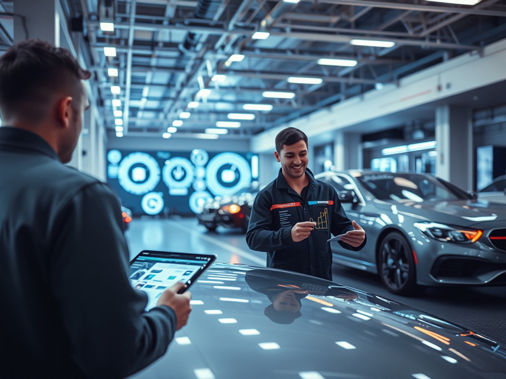 Hình ảnh minh họa một kỹ thuật viên ô tô đang kiểm tra dữ liệu trên máy tính bảng trong gara hiện đại, tập trung vào bảo trì ô tô.