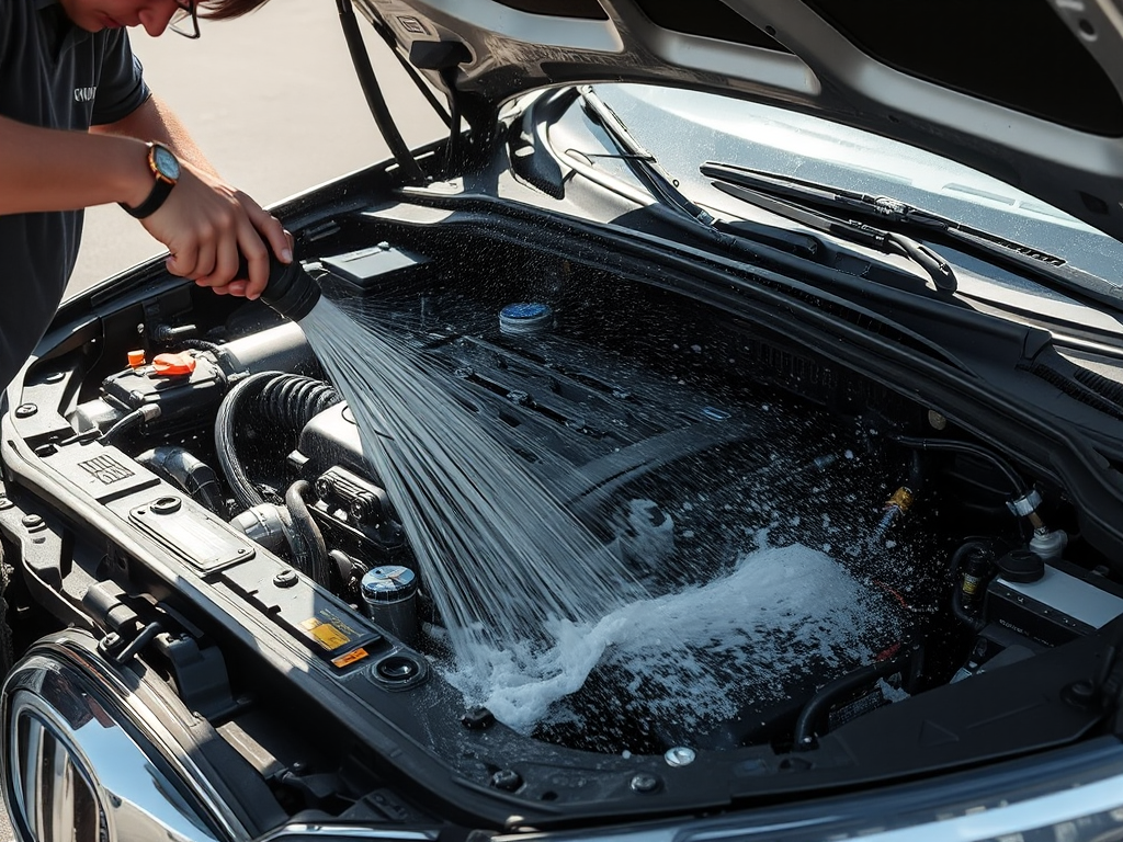 Hình ảnh người tự rửa khoang máy ô tô bằng vòi áp lực cao gây hư hỏng hệ thống điện, minh họa sai lầm phổ biến khi vệ sinh khoang máy ô tô Hà Nội tại nhà