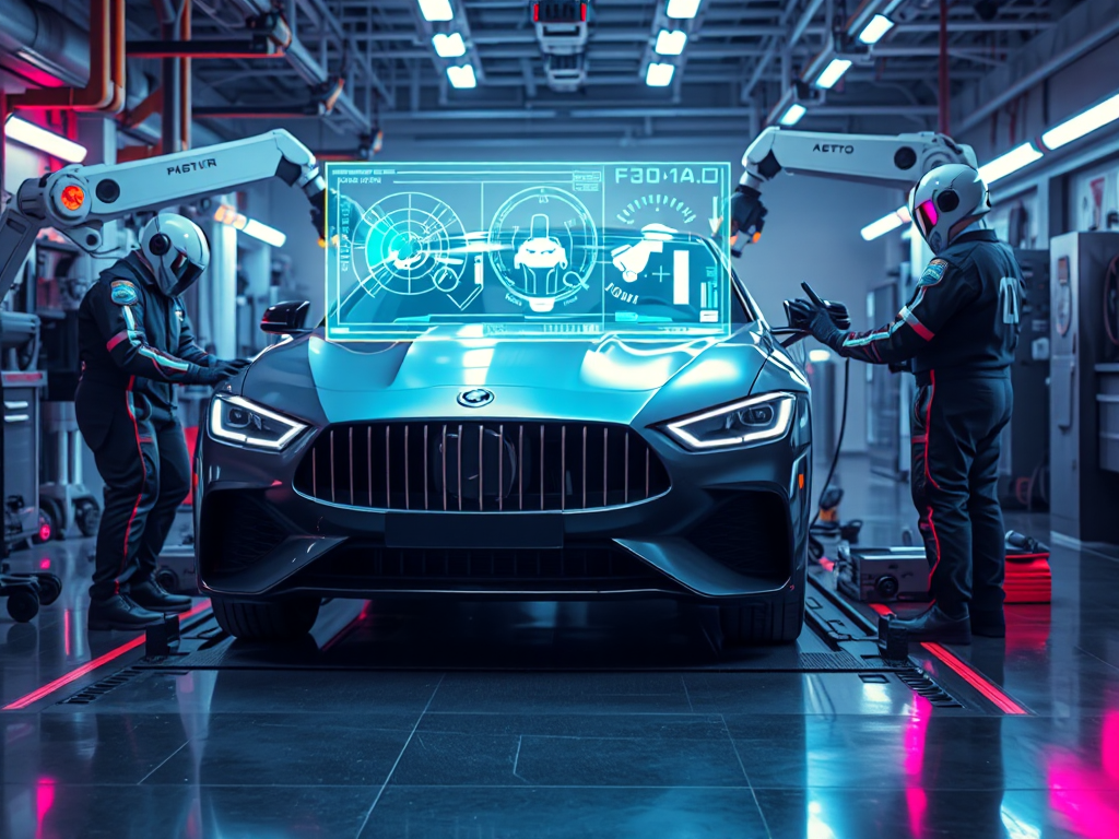 Hình ảnh ô tô sang trọng đang được sửa chữa với công nghệ chẩn đoán hologram và cánh tay robot hiện đại trong xưởng sửa chữa ô tô tương lai tại Hà Nội
