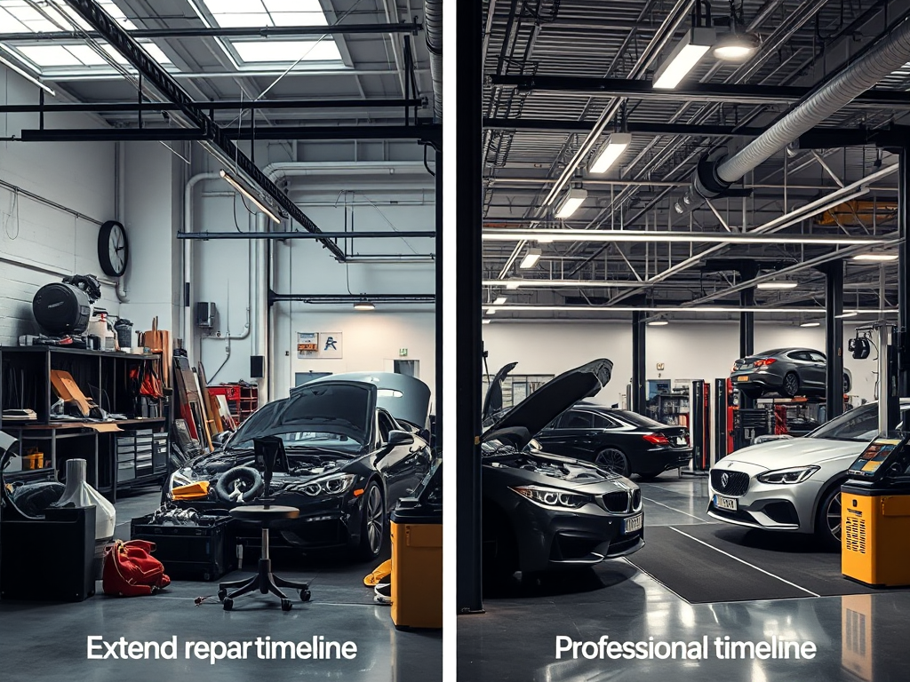 Hình ảnh so sánh hai gara sửa chữa ô tô tại Hà Nội, bên trái là gara thông thường với công cụ lộn xộn và thời gian sửa chữa kéo dài, bên phải là gara đạt chuẩn với quy trình làm việc chuyên nghiệp ...