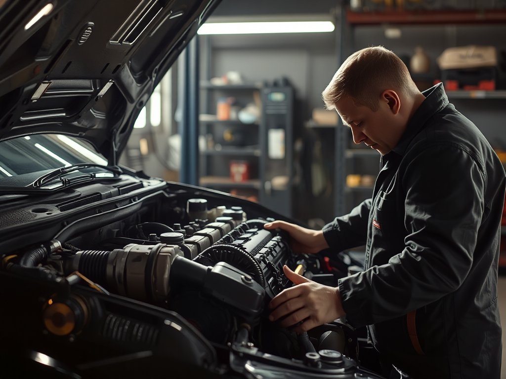 Hình ảnh thợ sửa xe đang làm việc trên động cơ ô tô hư hỏng trong gara, ánh sáng mạnh tập trung vào các chi tiết máy móc, phong cách chụp ảnh hiện thực