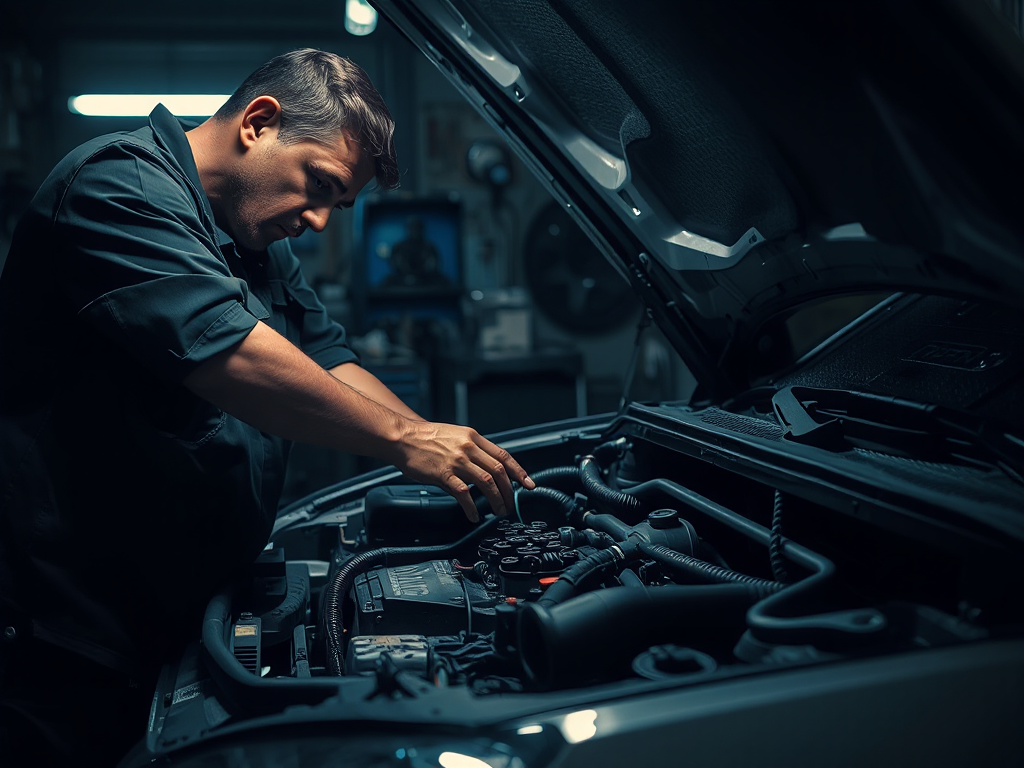 Hình ảnh thợ sửa xe đang làm việc trên động cơ ô tô trong gara với ánh sáng mờ, tay dính dầu mỡ và dụng cụ vương vãi xung quanh, tạo cảm giác khẩn cấp và bất cẩn