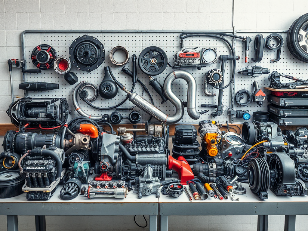 Hình ảnh tổng hợp các phụ tùng ô tô đa dạng, từ động cơ lớn đến linh kiện nhỏ, được sắp xếp gọn gàng trên bàn làm việc trong xưởng.