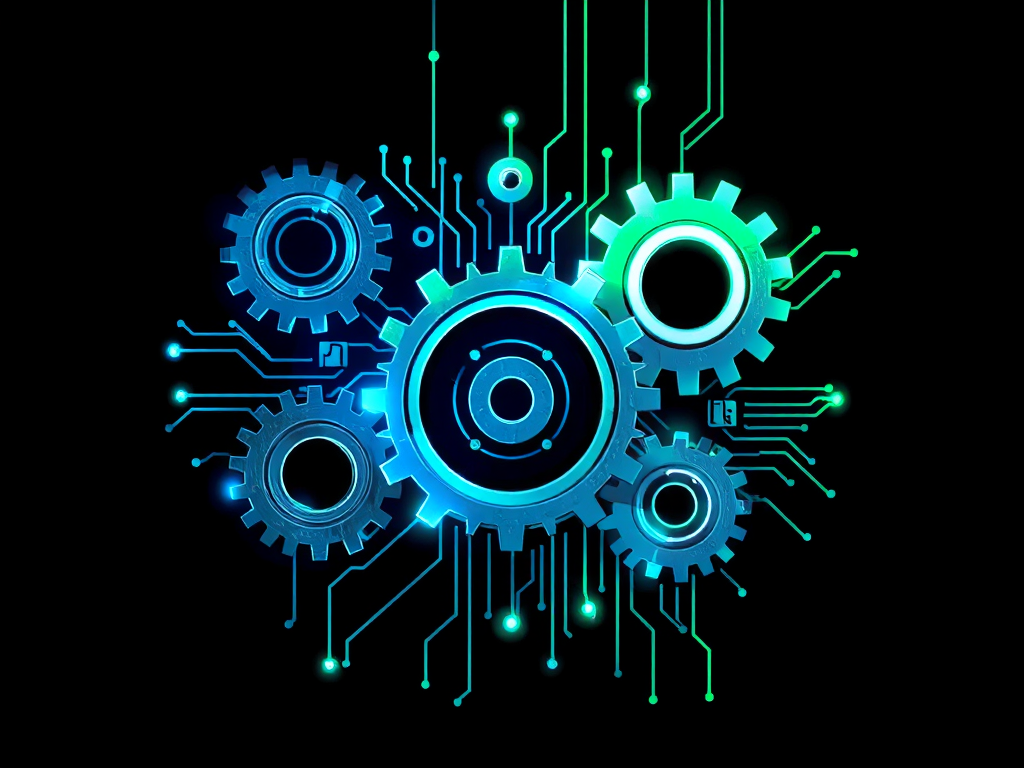 Hình ảnh trừu tượng với các bánh răng và mạch điện tử lồng ghép, tượng trưng cho sự kết nối và tương lai của phụ tùng ô tô.