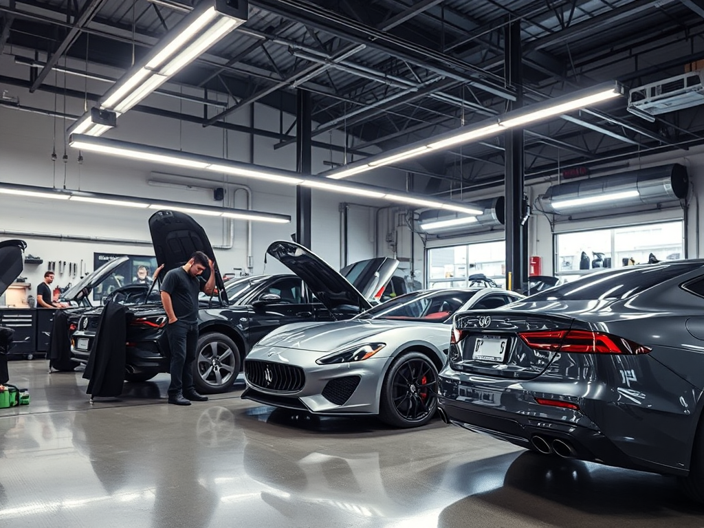 Hình ảnh xưởng sửa chữa ô tô hiện đại với ba thợ cơ khí đang làm việc trên xe sang trọng, đèn LED chiếu sáng, không gian gọn gàng và thiết bị chuyên dụng