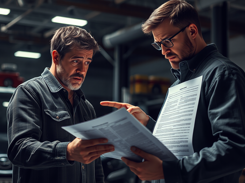 Khách hàng bối rối khi xem tài liệu bảo hành tại gara ô tô Hà Nội, thợ máy chỉ vào chi tiết hợp đồng, ánh sáng kịch tính làm nổi bật giấy tờ