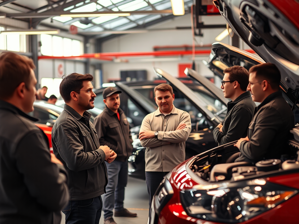 Khách hàng đang thảo luận về dịch vụ sửa chữa ô tô tại gara ở Hà Nội, không gian làm việc hiện đại với đầy đủ dụng cụ chuyên nghiệp và ánh sáng ấm áp