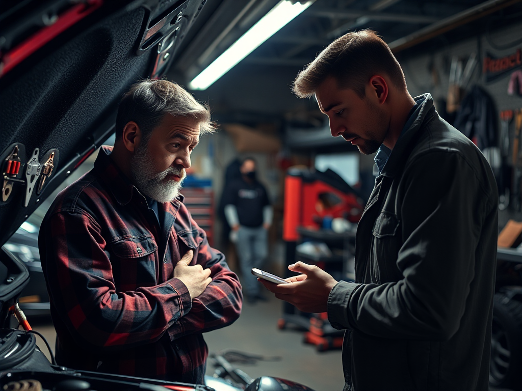 Khách hàng kiểm tra sửa chữa kém chất lượng trong gara ô tô bừa bộn, ánh sáng mờ, thợ sửa xe mất tập trung, tiêu chí đánh giá gara ô tô chuyên nghiệp Hà Nội