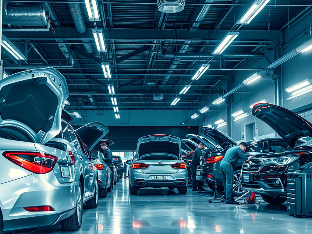Không gian gara ô tô hiện đại với kỹ thuật viên chuyên nghiệp đang làm việc trên xe, đầy đủ dụng cụ và thiết bị chuyên dụng trong xưởng sửa chữa ô tô tại Hà Nội