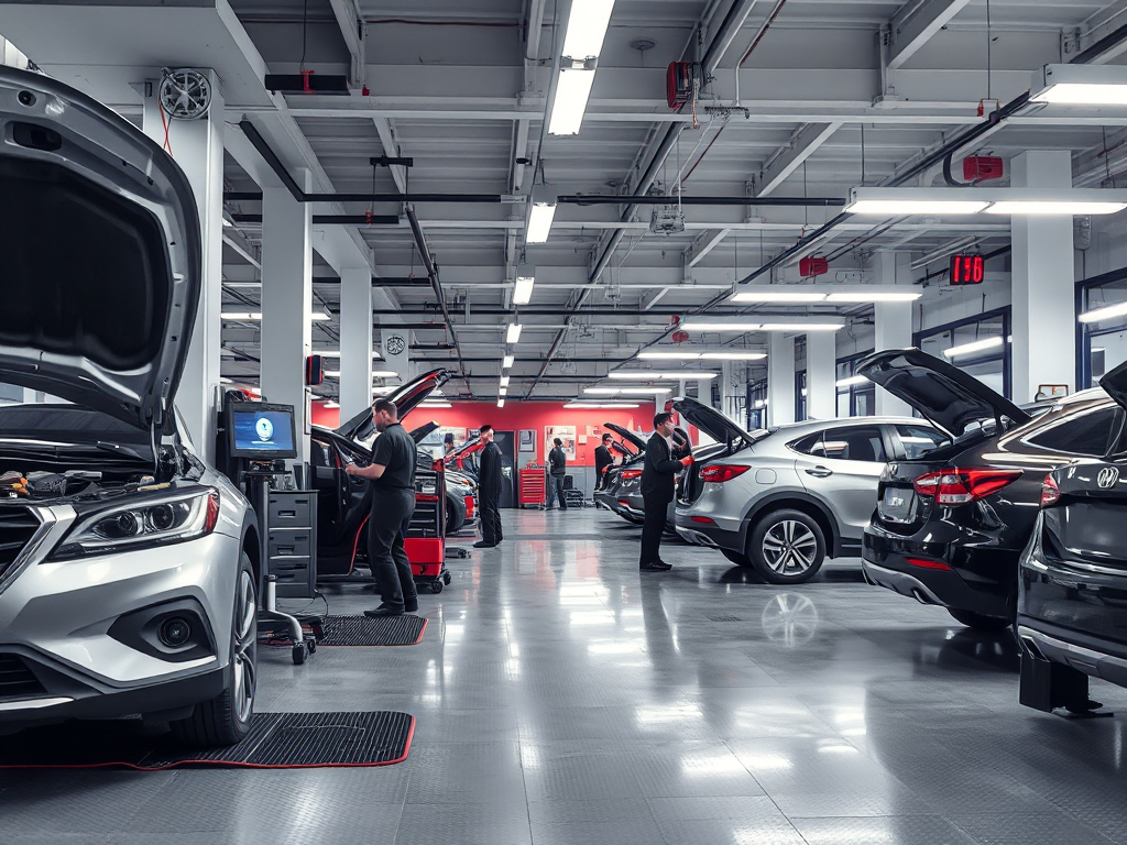 Không gian gara ô tô hiện đại với kỹ thuật viên đang làm việc trên xe, trang thiết bị chẩn đoán tiên tiến, ánh sáng LED sáng rõ tạo môi trường chuyên nghiệp