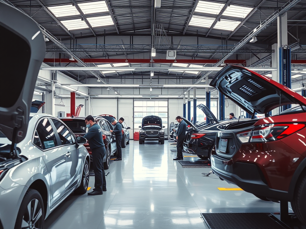 Không gian gara ô tô hiện đại với kỹ thuật viên đang sửa chữa xe, ánh sáng đèn chiếu sáng, dụng cụ sửa chữa được sắp xếp gọn gàng, môi trường xưởng ô tô chuyên nghiệp