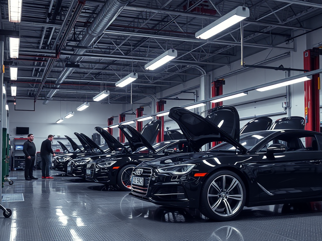 Không gian gara ô tô hiện đại với kỹ thuật viên đang sửa chữa xe sang trọng, ánh sáng LED sáng rõ, khu vực dụng cụ được sắp xếp gọn gàng, môi trường dịch vụ ô tô chuyên nghiệp