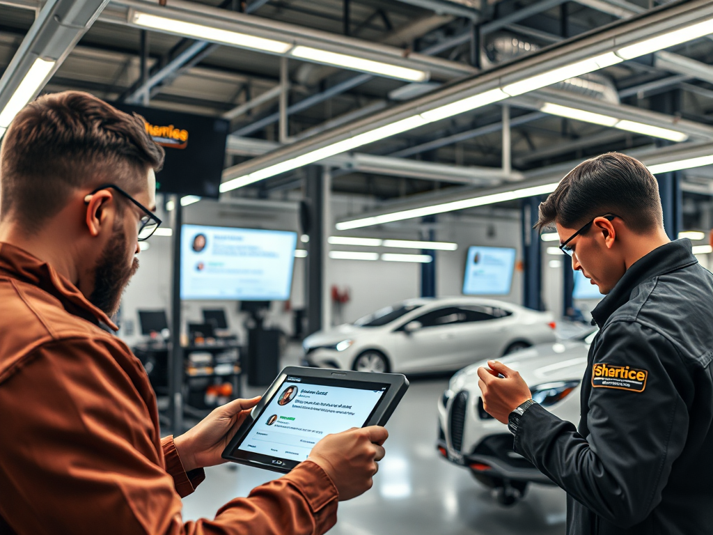 Không gian gara ô tô hiện đại với màn hình kỹ thuật số hiển thị đánh giá khách hàng, thợ máy sử dụng máy tính bảng để tra cứu thông tin dịch vụ, ánh sáng LED sáng rõ trong xưởng sửa chữa ô tô tiên ...