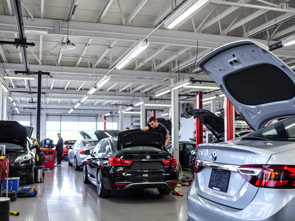 Không gian gara ô tô hiện đại với thợ sửa xe đang làm việc trên các phương tiện, ánh sáng đèn huỳnh quang sáng, dụng cụ được sắp xếp gọn gàng, bảng giá dịch vụ gara ô tô Hà Nội 2026 được hiển thị r...