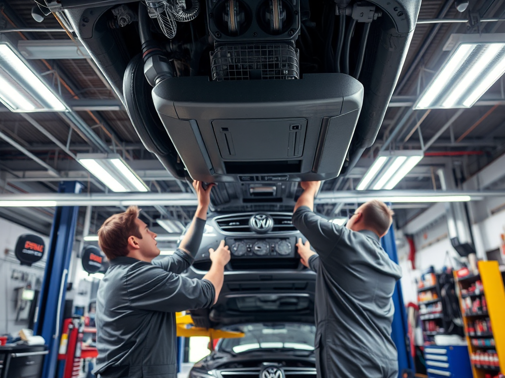 Không gian gara sửa chữa ô tô hiện đại với kỹ thuật viên đang kiểm tra hệ thống điều hòa xe, ánh sáng đèn trần sáng rõ, không gian làm việc ngăn nắp chuyên nghiệp
