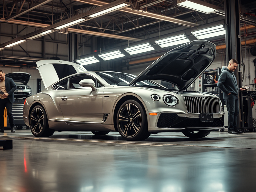 Kỹ thuật viên chuyên nghiệp bảo dưỡng động cơ xe sang trong gara hiện đại tại Hà Nội, ánh sáng đèn chiếu sáng rõ ràng, thiết bị chuyên dụng