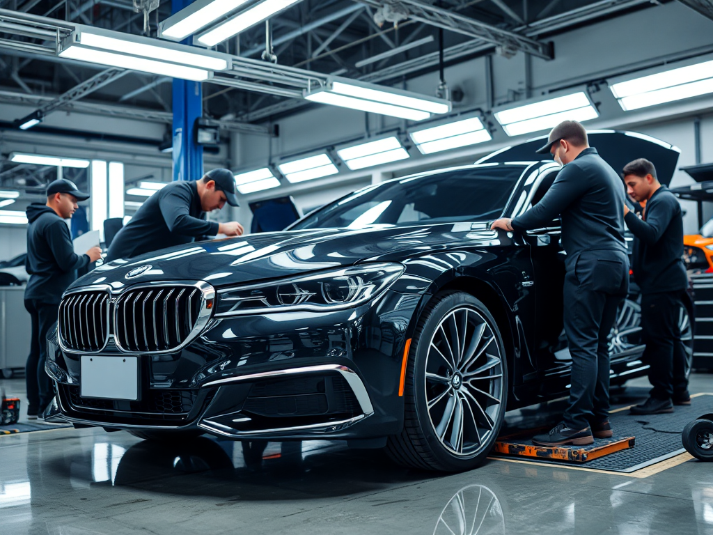 Kỹ thuật viên chuyên nghiệp bảo dưỡng xe sang trong gara hiện đại tại Hà Nội, sử dụng thiết bị chuyên dụng cho gói bảo dưỡng định kỳ ô tô