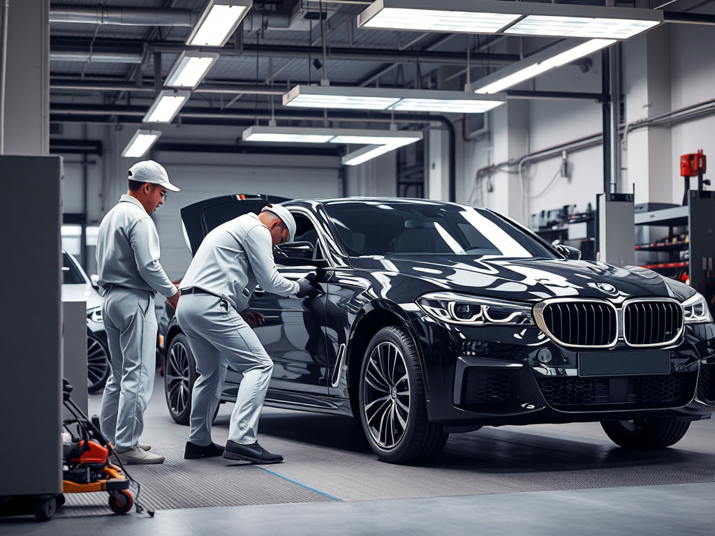 Kỹ thuật viên chuyên nghiệp đang bảo dưỡng ô tô trong gara hiện đại tại Hà Nội, với thiết bị tiên tiến và không gian làm việc sạch sẽ, an toàn