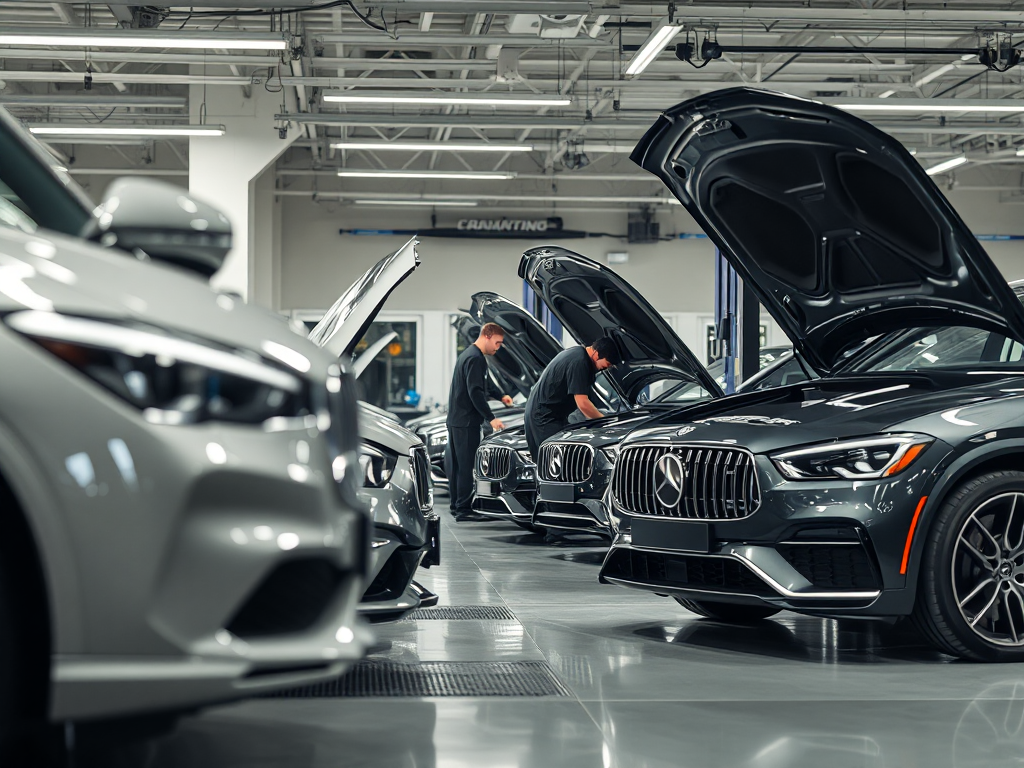 Kỹ thuật viên chuyên nghiệp đang bảo dưỡng xe sang trong gara hiện đại tại Hà Nội, với các thiết bị chuyên dụng và ánh sáng chuyên nghiệp