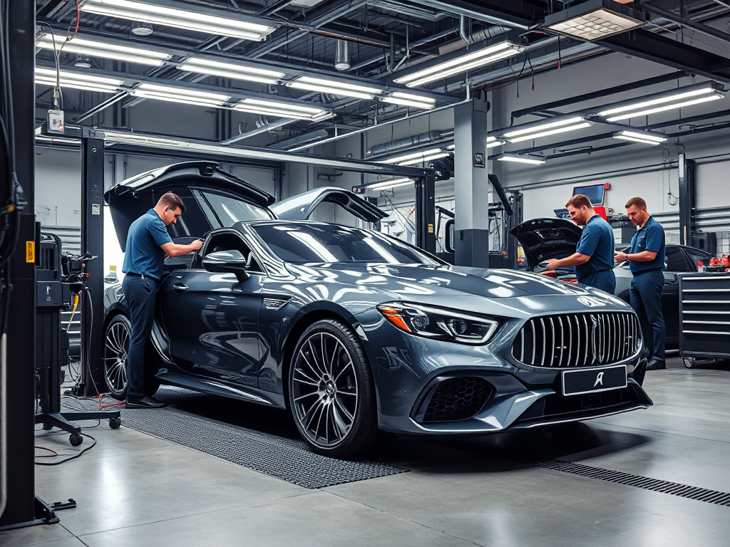 Kỹ thuật viên chuyên nghiệp đang kiểm tra và bảo dưỡng ô tô nhập khẩu sang trọng trong xưởng sửa chữa hiện đại tại Hà Nội với trang thiết bị chẩn đoán tiên tiến