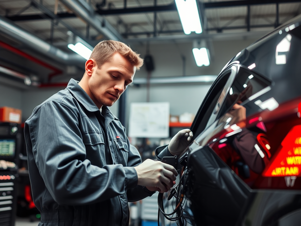 Kỹ thuật viên chuyên nghiệp đang sửa chữa hệ thống điện ô tô trong xưởng sửa chữa hiện đại với đầy đủ dụng cụ chẩn đoán và bản vẽ kỹ thuật