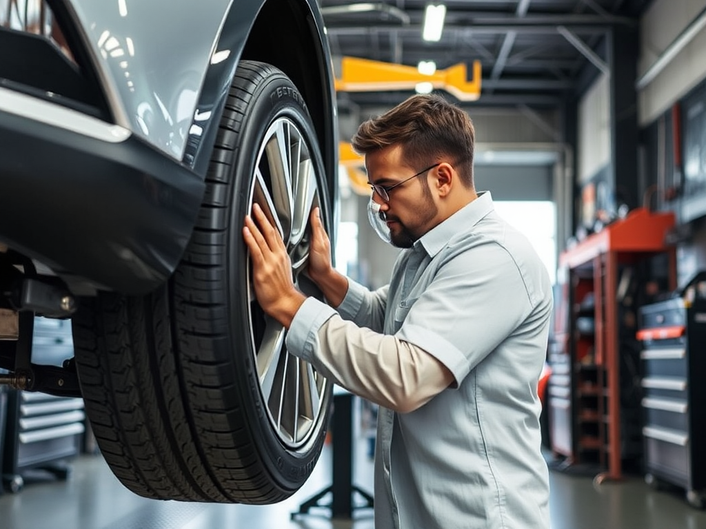 Kỹ thuật viên chuyên nghiệp đang thay lốp ô tô tại gara, sử dụng các dụng cụ hiện đại trong không gian làm việc sáng sủa và tiện nghi