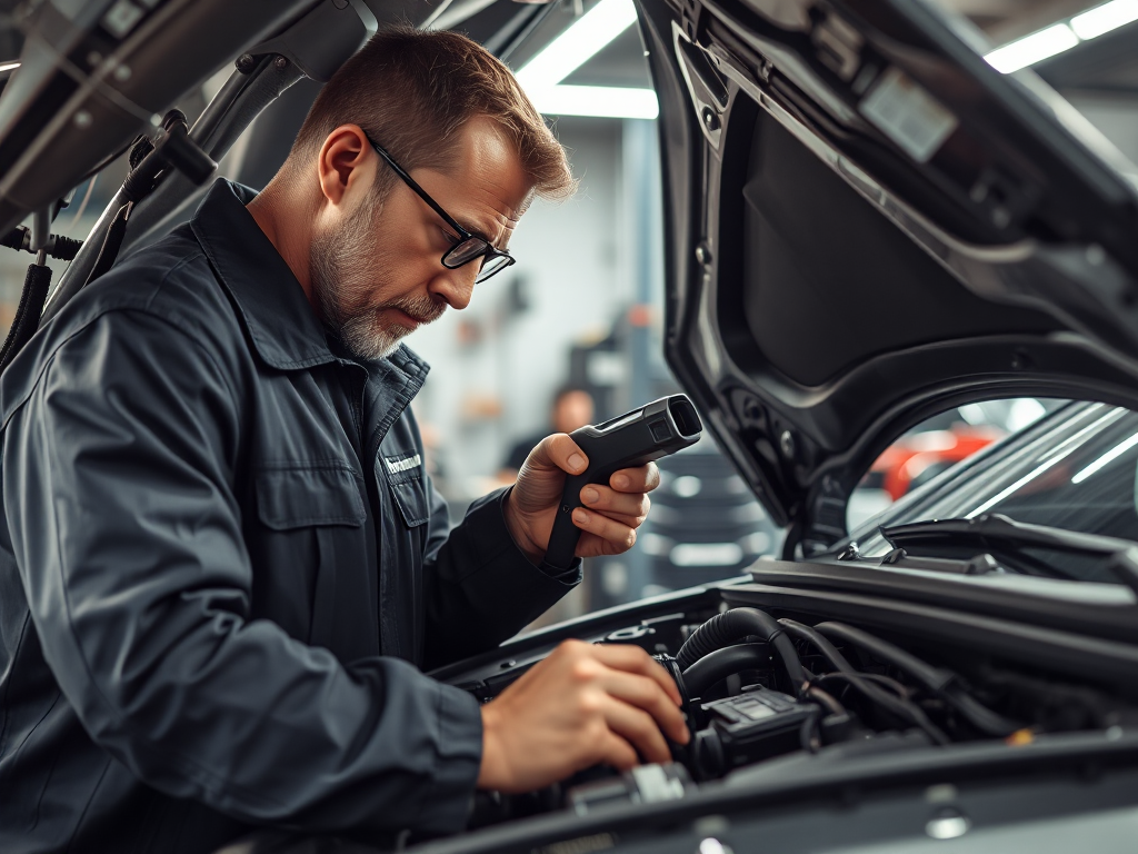 Kỹ thuật viên chuyên nghiệp kiểm tra động cơ ô tô bằng các dụng cụ chẩn đoán trong xưởng sửa chữa hiện đại với ánh sáng rõ ràng