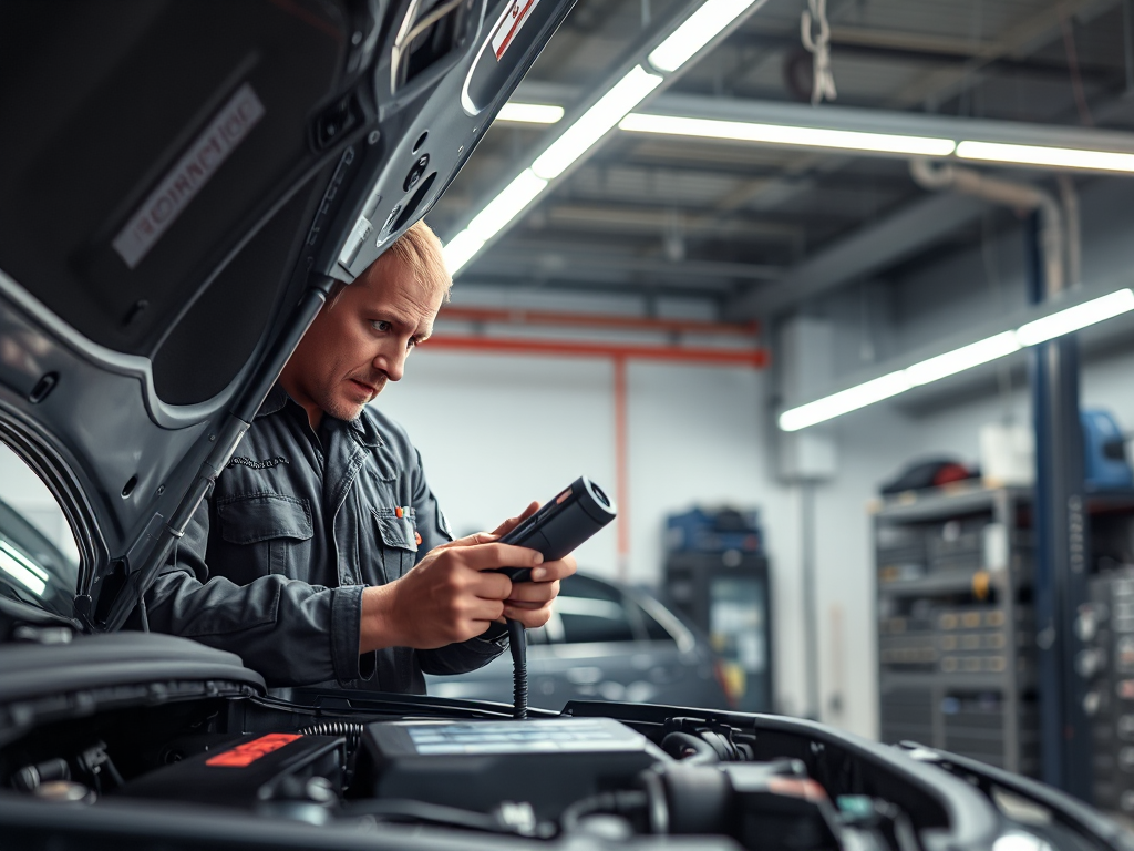 Kỹ thuật viên chuyên nghiệp kiểm tra động cơ xe ô tô bằng các dụng cụ chẩn đoán hiện đại trong gara ô tô chuyên nghiệp tại Hà Nội