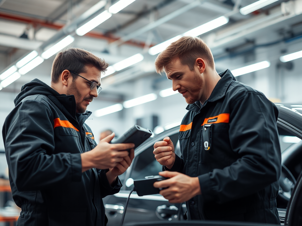 Kỹ thuật viên chuyên nghiệp kiểm tra hệ thống điều hòa ô tô bằng các dụng cụ chẩn đoán hiện đại trong xưởng sửa chữa ô tô tại Hà Nội