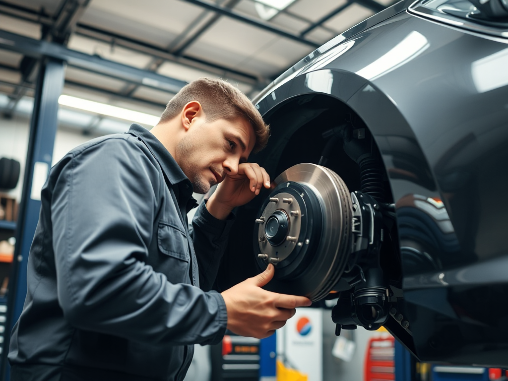 Kỹ thuật viên chuyên nghiệp kiểm tra hệ thống phanh ô tô trong gara hiện đại, ánh sáng đèn chiếu rõ nét, dụng cụ sửa chữa ô tô chi tiết, hình ảnh chụp thực tế