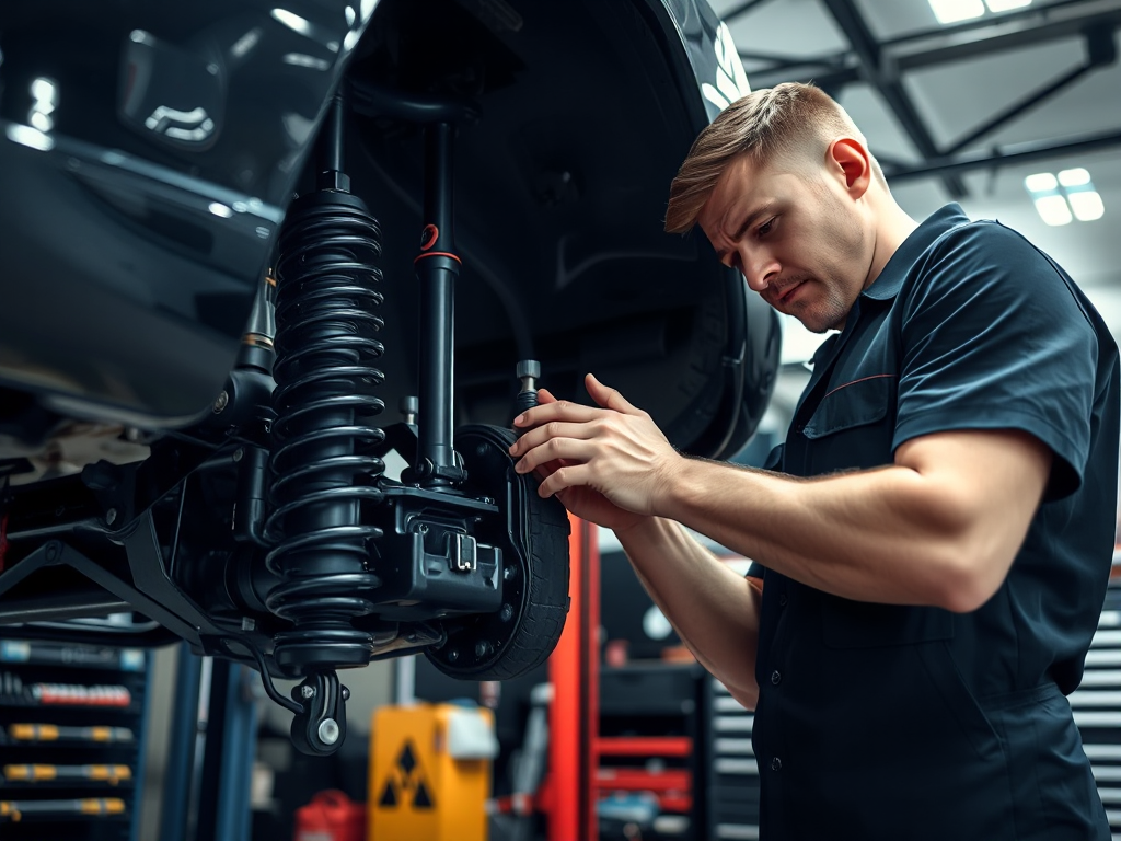 Kỹ thuật viên chuyên nghiệp kiểm tra hệ thống treo ô tô trong gara hiện đại, đèn chiếu sáng tập trung vào các chi tiết treo, dụng cụ sửa chữa chuyên dụng, quy trình bảo dưỡng chuyên nghiệp