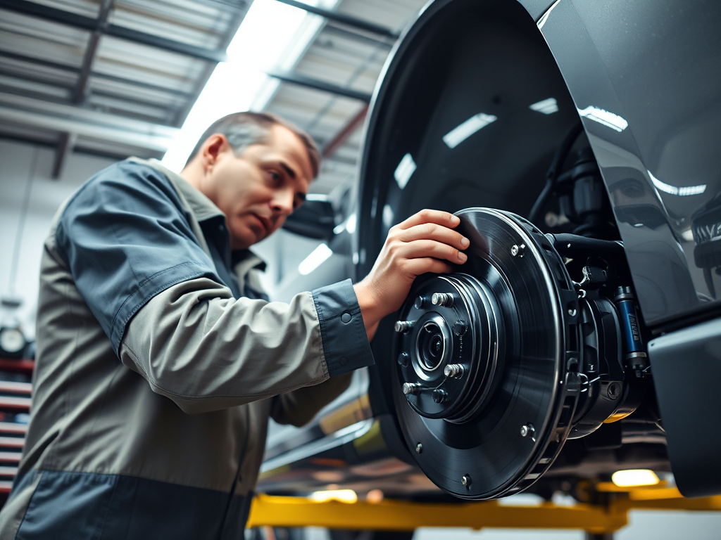 Kỹ thuật viên chuyên nghiệp kiểm tra phanh ô tô trong gara hiện đại với đầy đủ dụng cụ, chi tiết hệ thống phanh rõ nét, ánh sáng tự nhiên chiếu sáng không gian làm việc