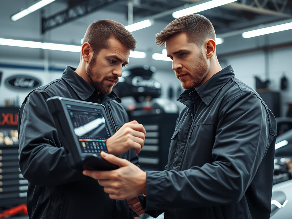 Kỹ thuật viên chuyên nghiệp kiểm tra thiết bị chẩn đoán trong gara ô tô hiện đại, ánh sáng đèn LED sáng, dụng cụ sửa chữa ô tô chuyên nghiệp tại Hà Nội được bố trí khoa học