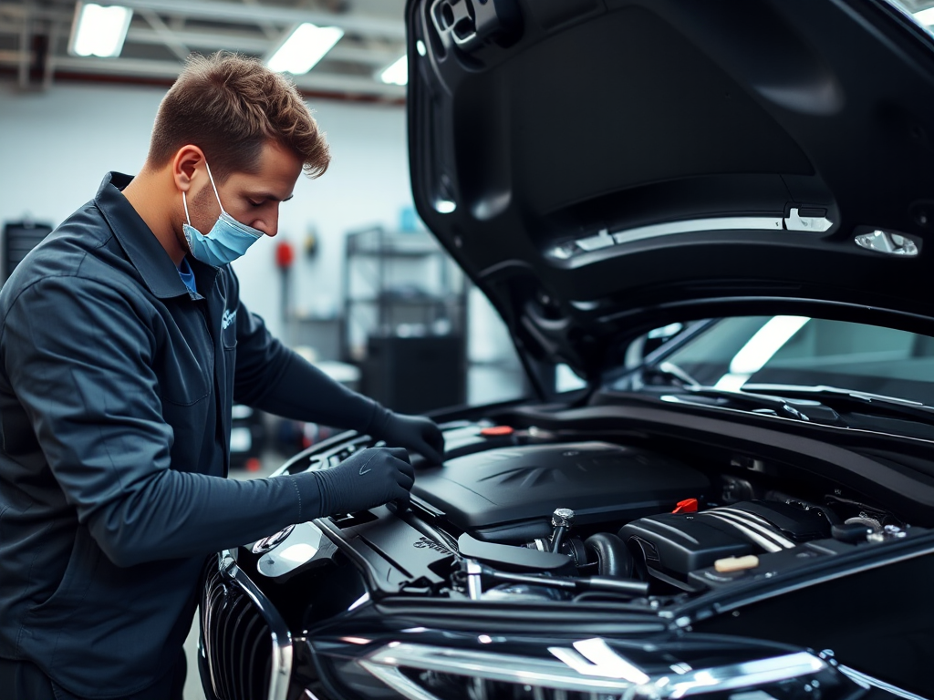 Kỹ thuật viên chuyên nghiệp vệ sinh khoang máy ô tô cao cấp trong xưởng hiện đại với ánh sáng LED sáng rõ, quy trình bảo dưỡng xe hơi tại Hà Nội