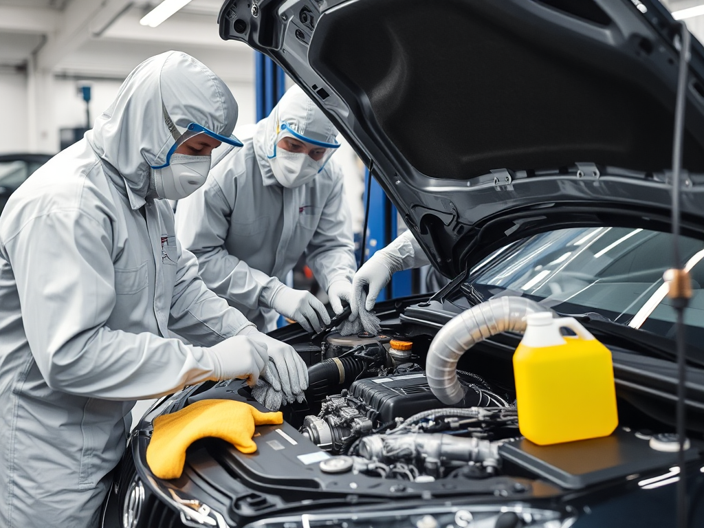 Kỹ thuật viên chuyên nghiệp vệ sinh khoang máy ô tô Hà Nội bằng các dụng cụ chuyên dụng trong xưởng sửa chữa hiện đại với đầy đủ thiết bị bảo hộ