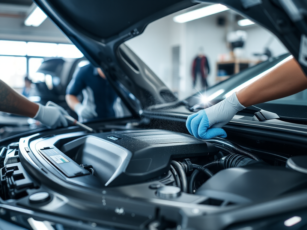 Kỹ thuật viên chuyên nghiệp vệ sinh khoang máy ô tô sang trọng tại xưởng ở Hà Nội, sử dụng dụng cụ chuyên dụng để làm sạch chi tiết các bộ phận động cơ