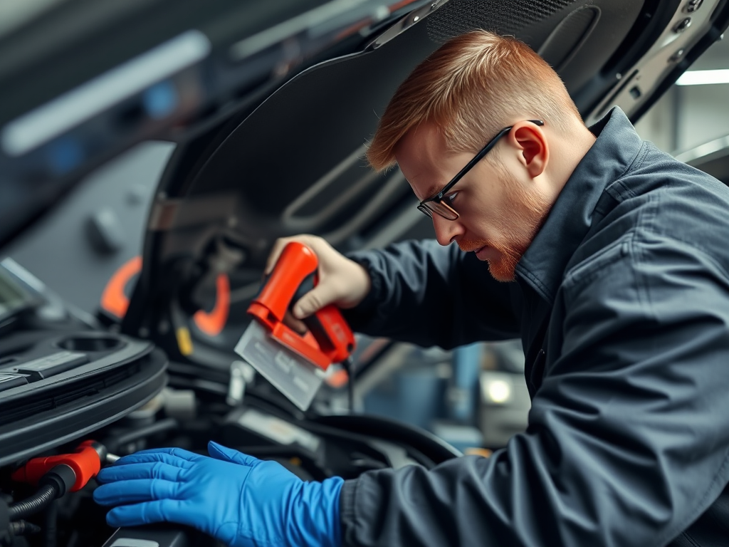 Kỹ thuật viên chuyên nghiệp vệ sinh khoang máy ô tô trong xưởng sửa chữa hiện đại, sử dụng các dụng cụ chuyên dụng để làm sạch động cơ xe