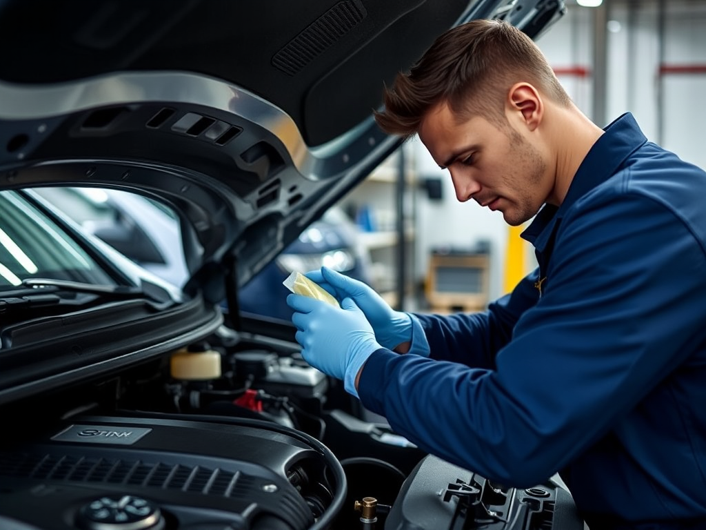 Kỹ thuật viên chuyên nghiệp vệ sinh khoang máy ô tô trong xưởng sửa chữa, đèn chiếu sáng rõ ràng, quy trình bảo dưỡng ô tô chi tiết