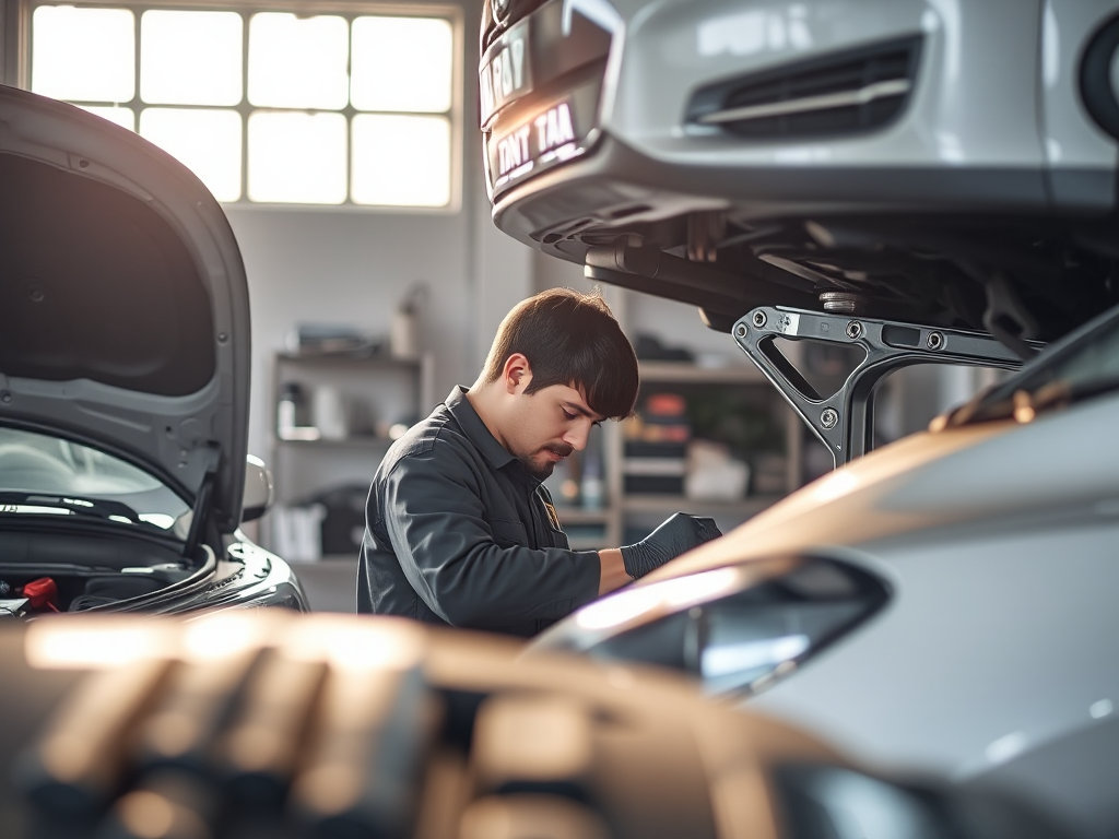 Kỹ thuật viên đang bảo dưỡng ô tô theo mùa tại xưởng sửa chữa ở Hà Nội, ánh sáng tự nhiên nhẹ nhàng, không gian xưởng hiện đại với đầy đủ dụng cụ chuyên nghiệp