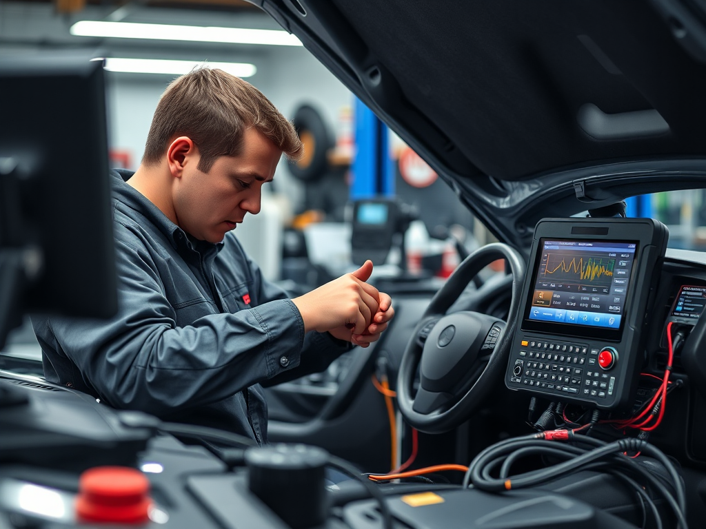 Kỹ thuật viên đang kiểm tra hệ thống điện ô tô bằng thiết bị chẩn đoán hiện đại trong xưởng sửa chữa chuyên nghiệp tại Hà Nội