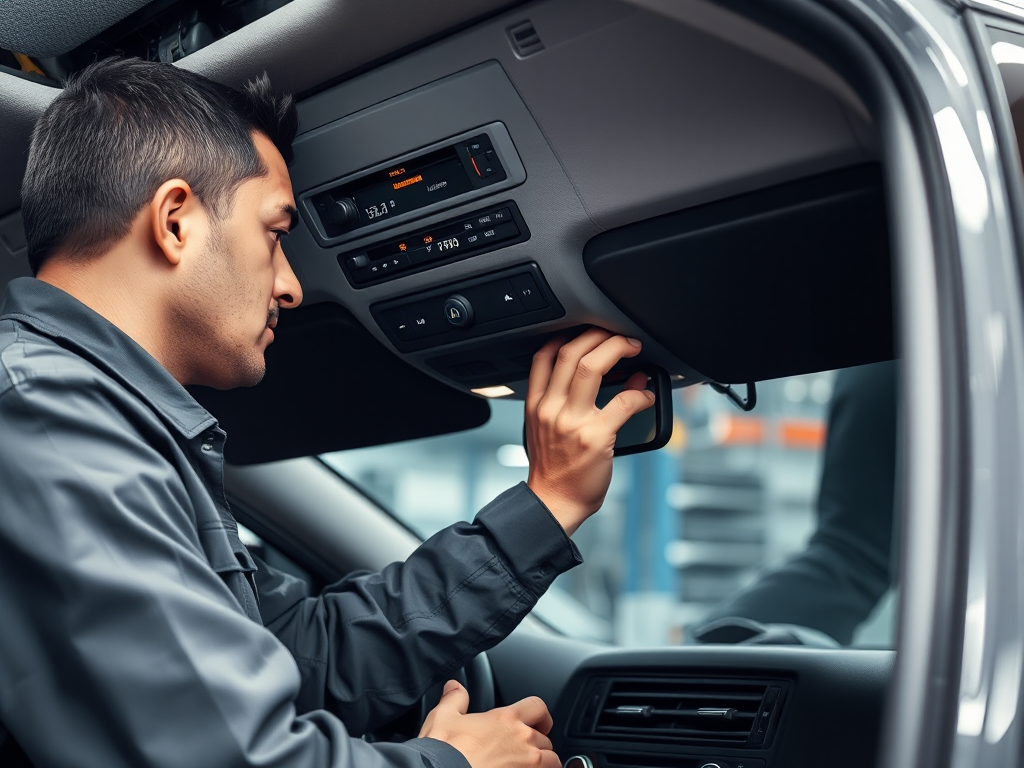 Kỹ thuật viên đang kiểm tra hệ thống điều hòa ô tô trong xưởng sửa chữa, với các chi tiết máy móc và thiết bị hiện đại, ánh sáng rõ ràng