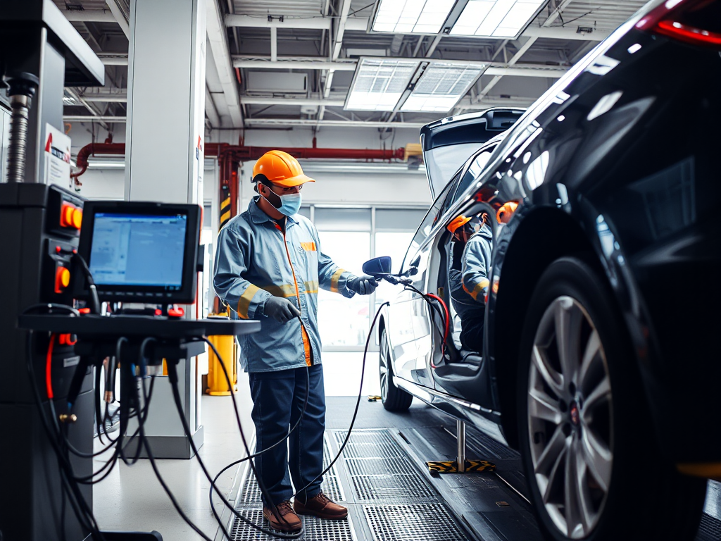 Kỹ thuật viên đang kiểm tra khí thải ô tô tại trung tâm đăng kiểm hiện đại với trang thiết bị chẩn đoán tiên tiến và ánh sáng chuyên nghiệp