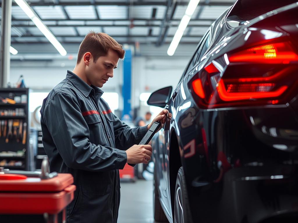 Kỹ thuật viên đang kiểm tra tổng thể xe ô tô trong xưởng dịch vụ hiện đại, các dụng cụ bảo trì ô tô được sắp xếp gọn gàng.