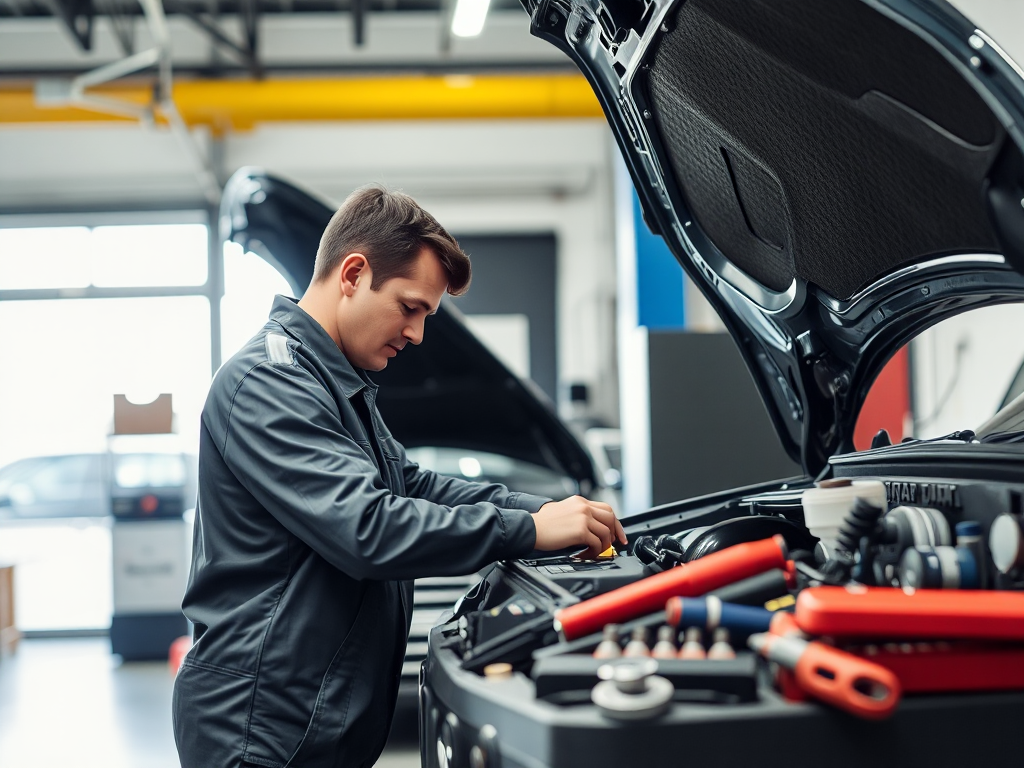 Kỹ thuật viên đang sửa chữa động cơ ô tô trong gara chuyên nghiệp, dụng cụ được sắp xếp gọn gàng trên bàn làm việc