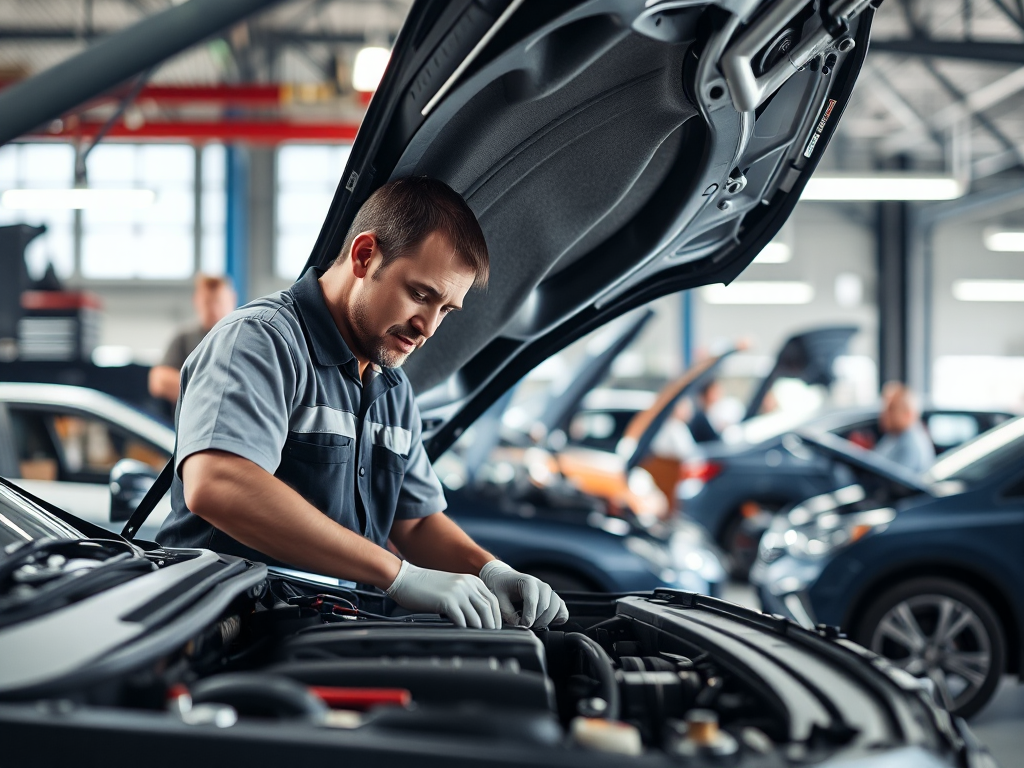 Kỹ thuật viên đang sửa chữa động cơ ô tô trong gara đông đúc tại Hà Nội với ánh sáng tự nhiên và thiết bị chuyên nghiệp