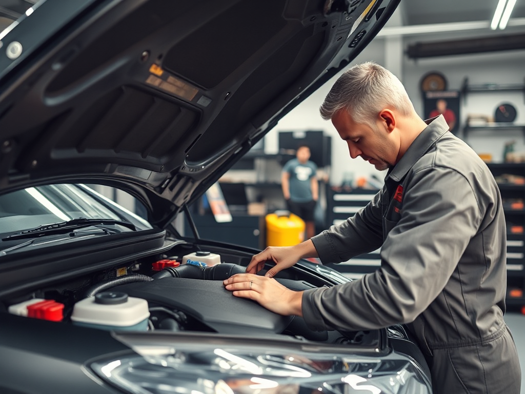 Kỹ thuật viên đang vệ sinh khoang máy ô tô trong gara có ánh sáng tốt, với các dụng cụ chuyên nghiệp và thiết bị bảo hộ lao động